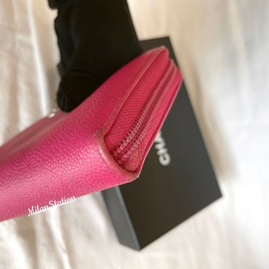 〈 CHANEL〉桃紅粒紋牛皮拉鍊長夾-3