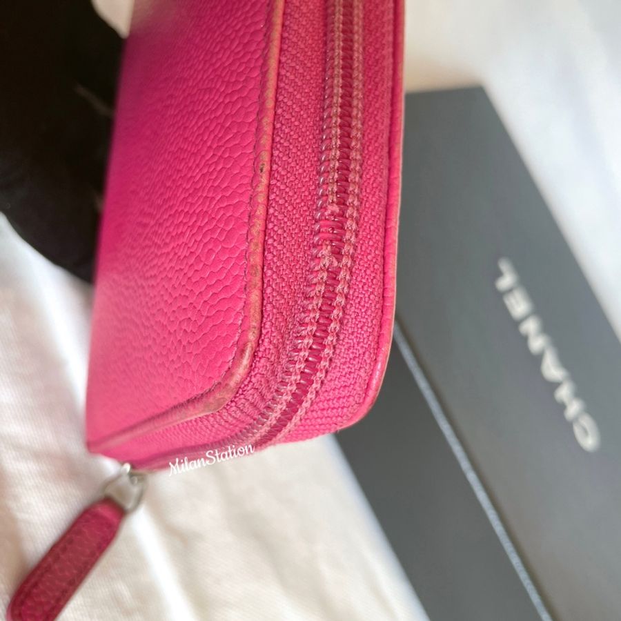 〈 CHANEL〉桃紅粒紋牛皮拉鍊長夾-5