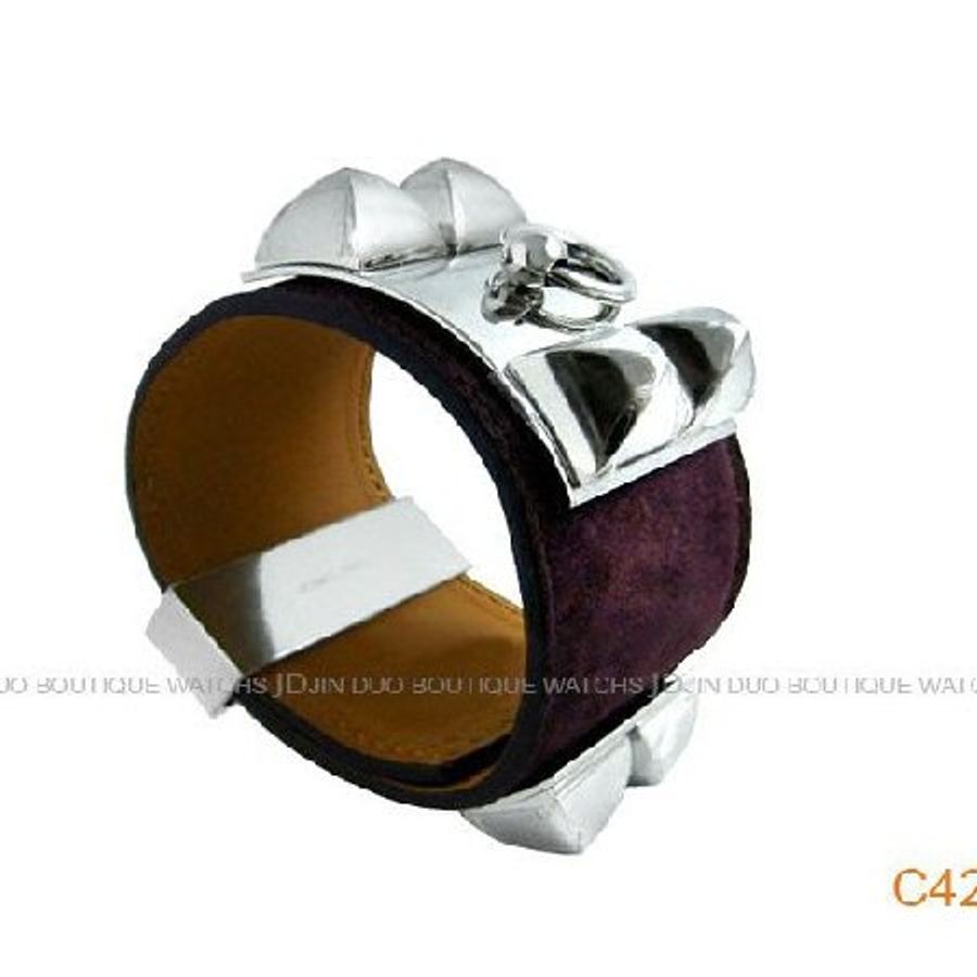 金鐸精品~C424 HERMES 愛馬仕CDC collier de chien銀色鉚釘 麂皮寬版 手環 全新特價品-1