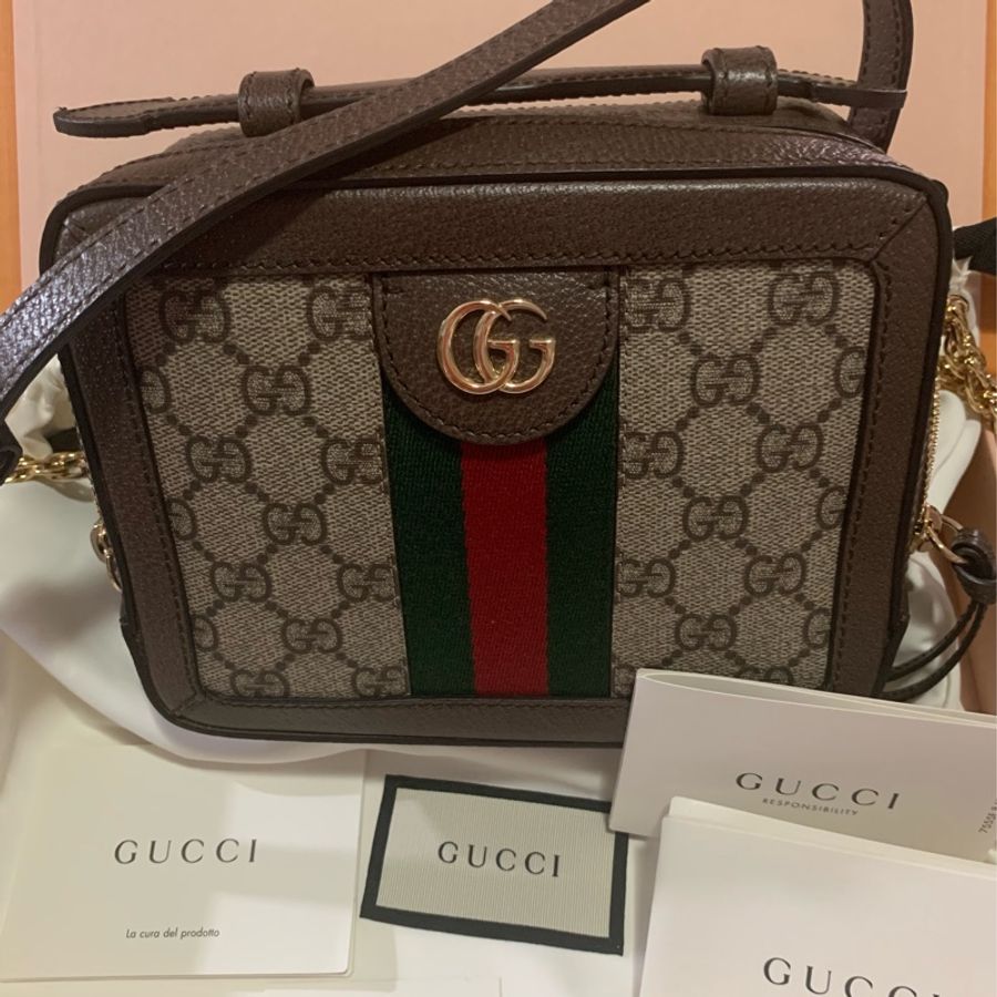 【GUCCI 古馳】經典Ophidia系列帆布印花皮革飾邊拉鍊手提/斜背包(迷你)-1