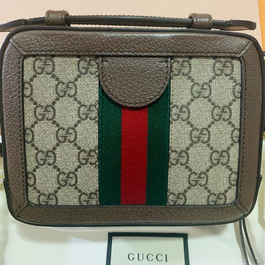 【GUCCI 古馳】經典Ophidia系列帆布印花皮革飾邊拉鍊手提/斜背包(迷你)-2