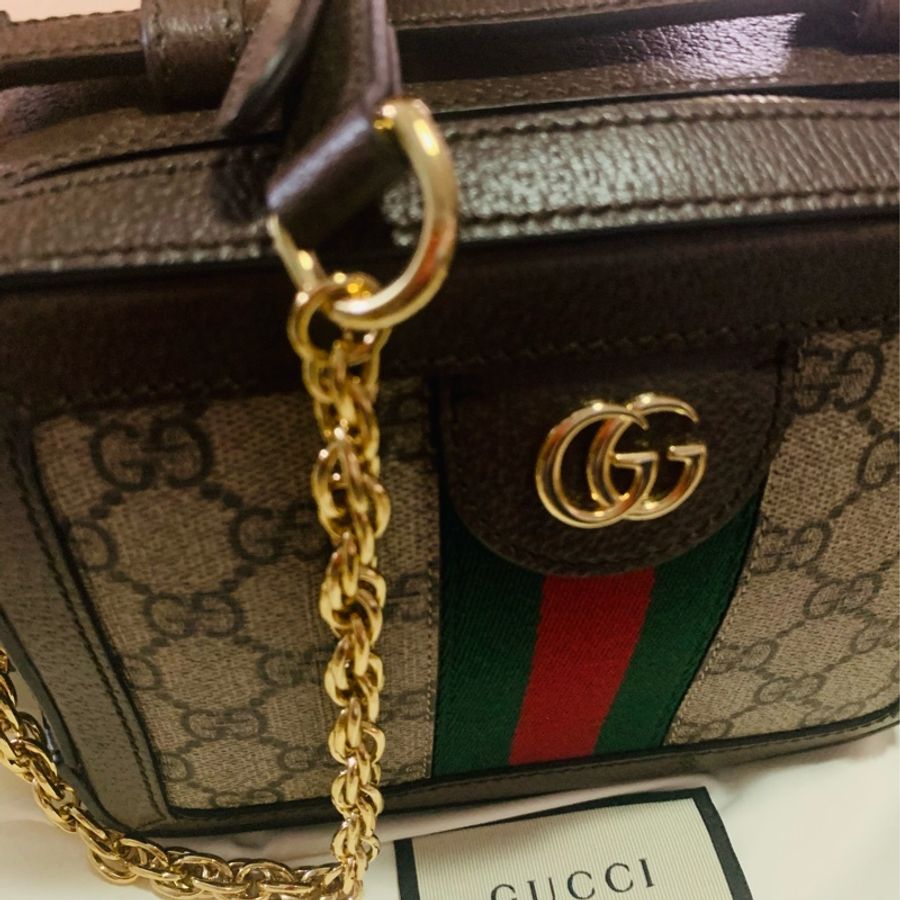【GUCCI 古馳】經典Ophidia系列帆布印花皮革飾邊拉鍊手提/斜背包(迷你)-3