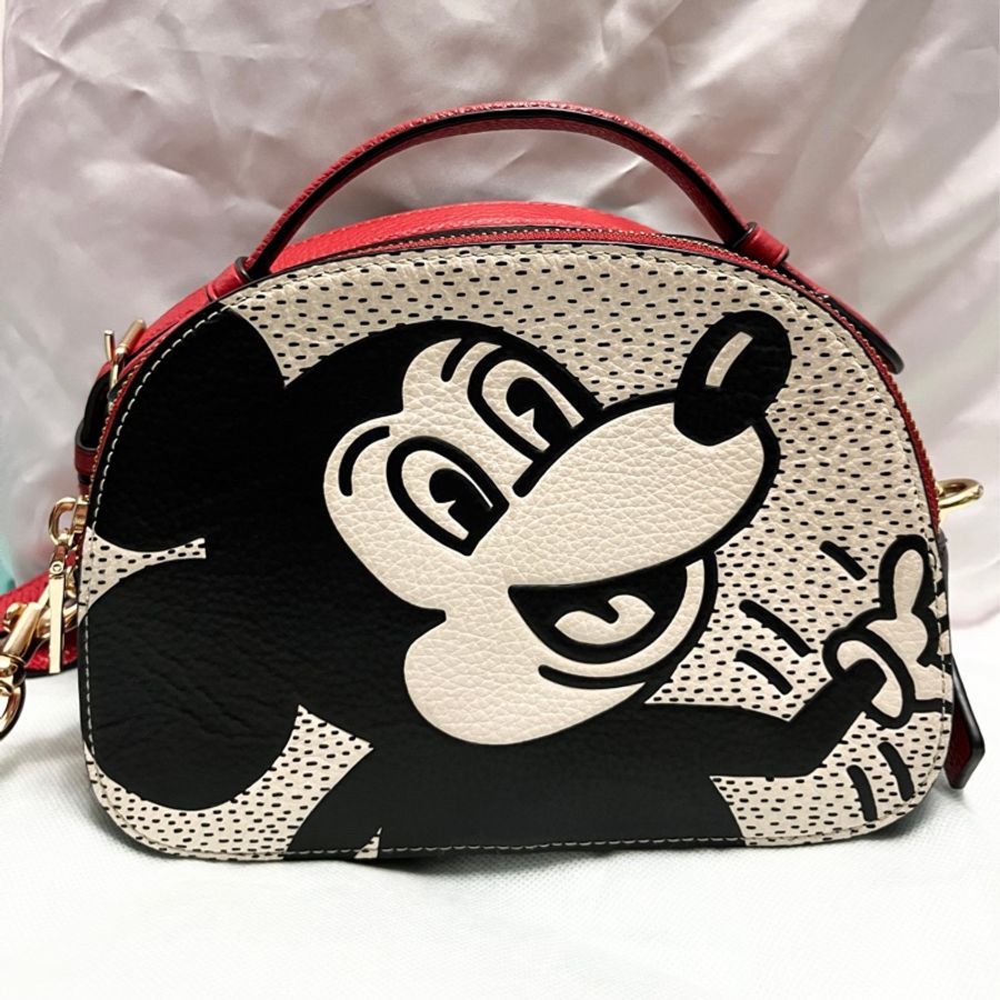 COACH X Disney 迪士尼聯名 荔枝紋真皮皮革 撞色米奇斜背包 手提包 兩用包 饅頭包-0