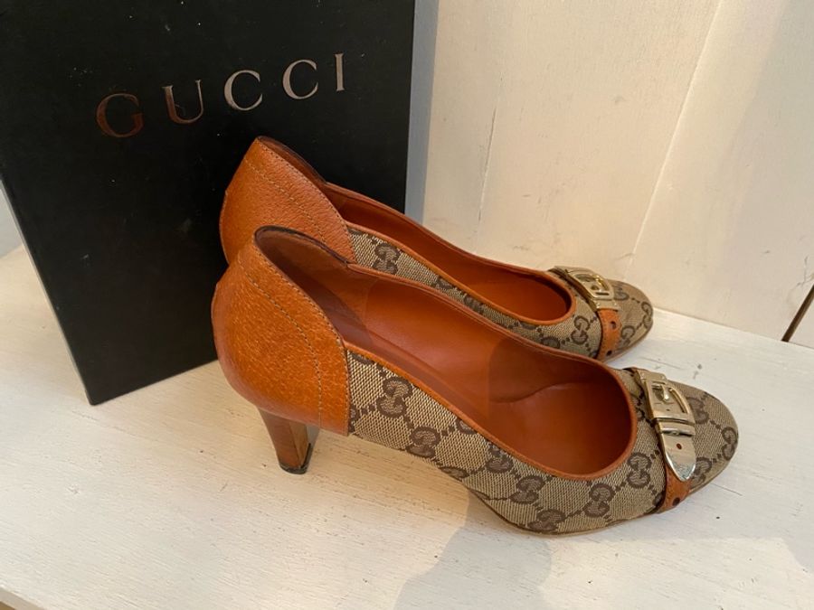 Gucci 老花布面真皮金屬口原木高跟鞋-4