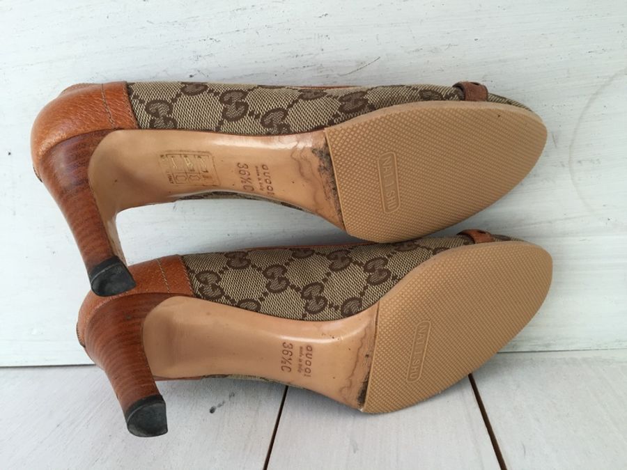 Gucci 老花布面真皮金屬口原木高跟鞋-7