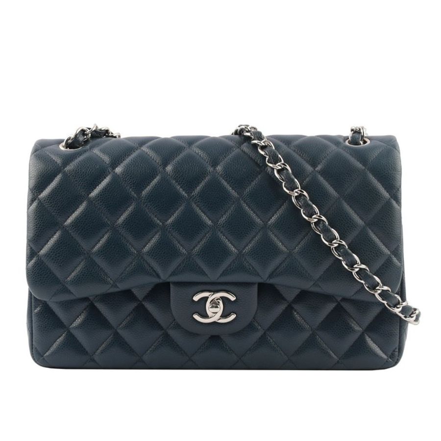 CHANEL 荔枝牛皮雙蓋銀鍊JUMBO COCO(30CM)(深藍色) CH11000509-0