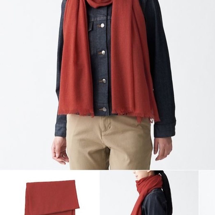 ［全新商品］無印良品MUJI 再生喀什米爾混大披肩 圍巾 深朱紅-0