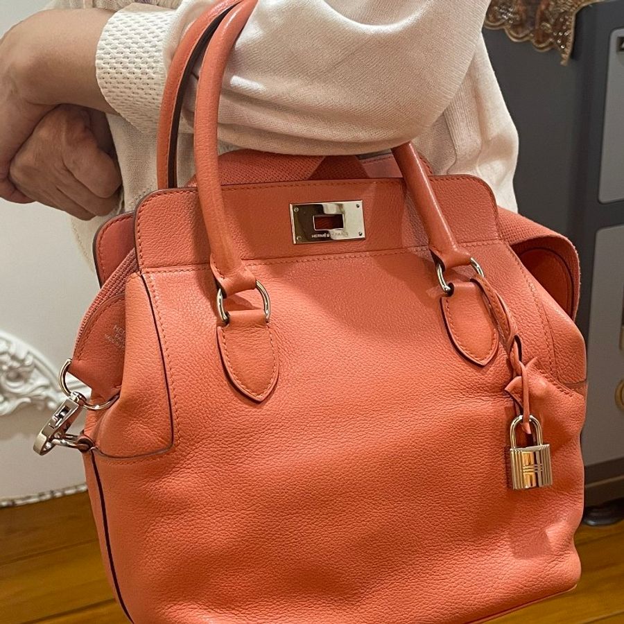 正品！Hermes Toolbox 愛馬仕粉橘牛奶盒包/工具包（兩用／肩背／手提）-11