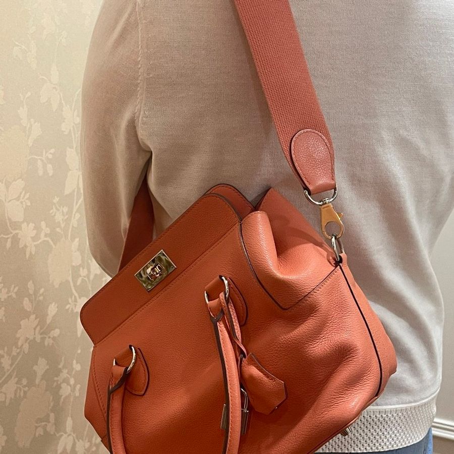 正品！Hermes Toolbox 愛馬仕粉橘牛奶盒包/工具包（兩用／肩背／手提）-12