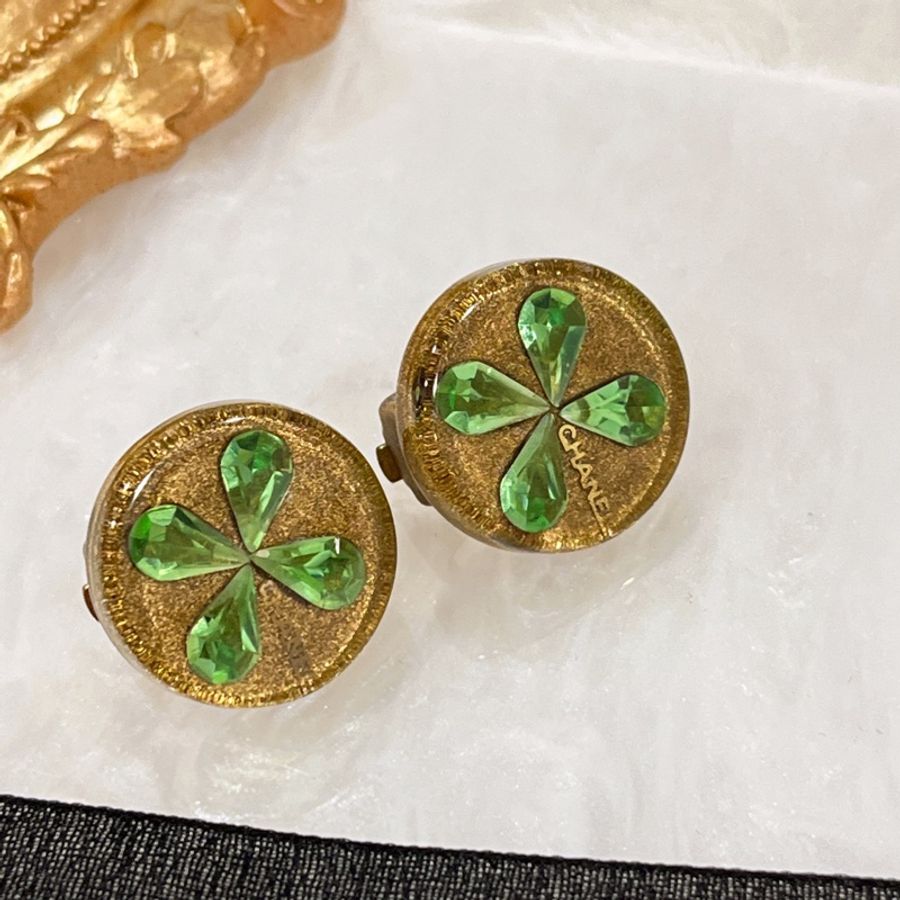 CHAENL 香奈兒VINTAGE 圓形綠水晶 壓克力幸運草 造型耳環/耳夾/飾品-1