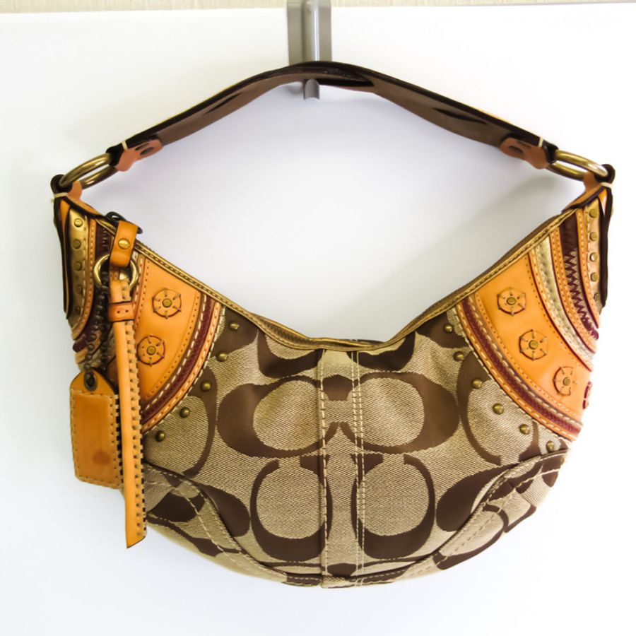 【日本直送】Coach Soho Signature Stitched Small Hobo 10482 女式帆布、皮革手提包、單肩包 米色、金色-0