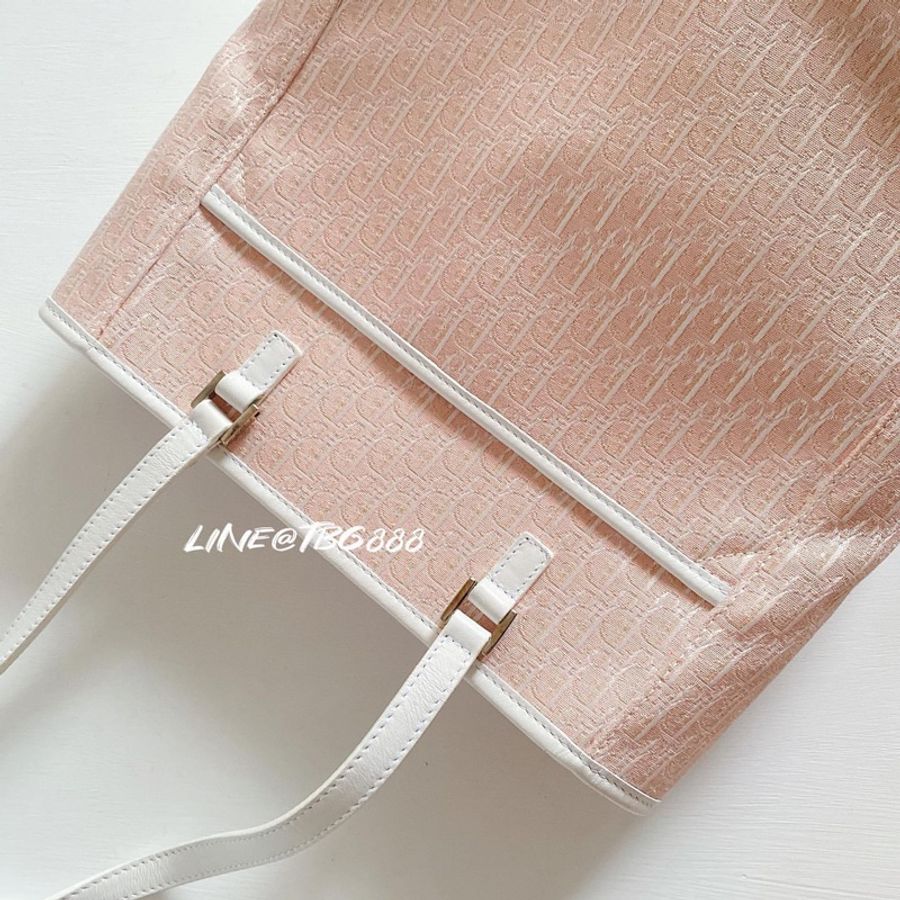 絕版 Dior Vintage Pink Logo Canvas Tote 粉色小Logo托特包-4