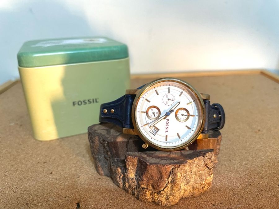 FOSSIL ES3838 玫瑰金深藍真皮手錶 三眼計時 38MM-1