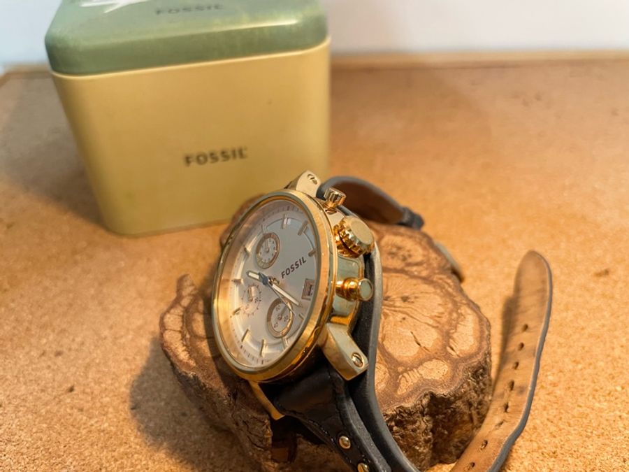 FOSSIL ES3838 玫瑰金深藍真皮手錶 三眼計時 38MM-2