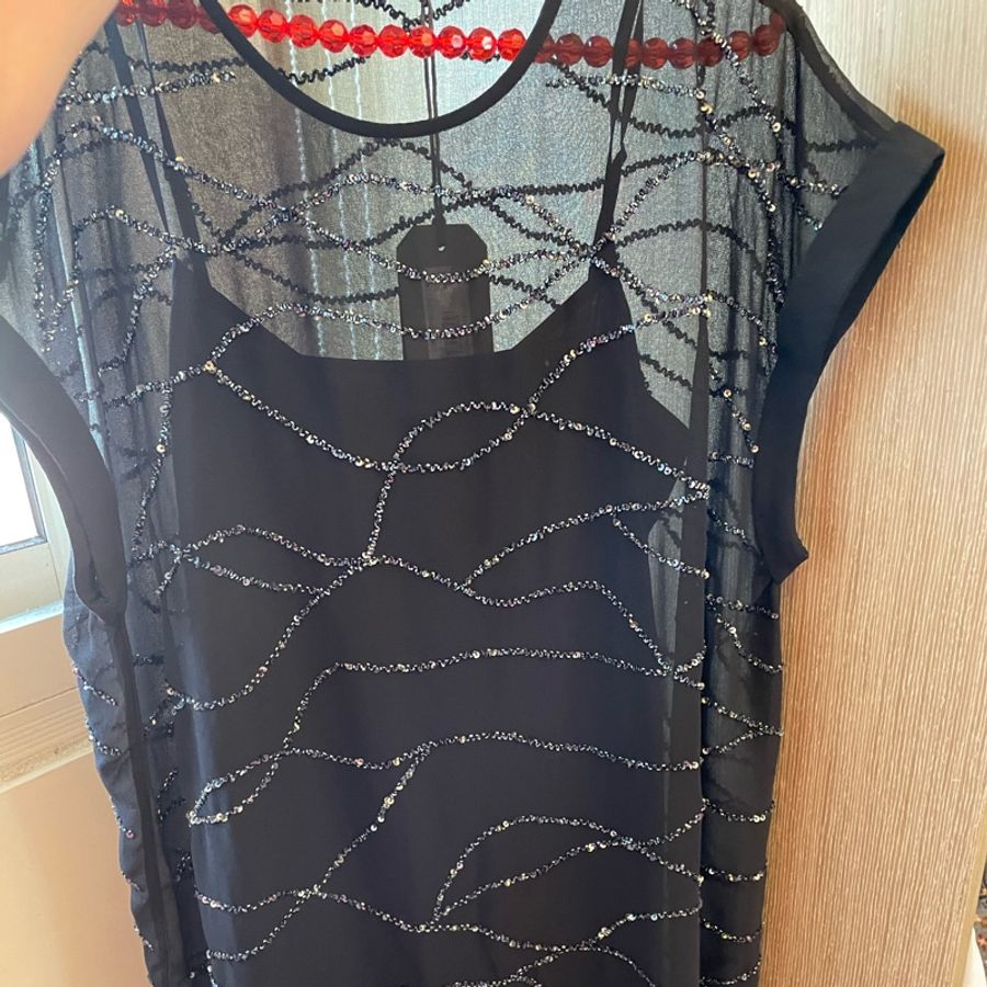 All Saints黑色短袖刺繡/直筒連身洋裝、附絲質背心裙內裏、涼爽舒適(S和M可穿)看圖看內文-12