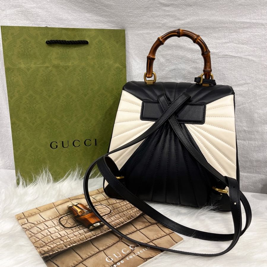 GUCCI 古馳 黑白全皮Queen Margaret 瑪格麗特皇后系列 珍珠蜜蜂彩鑽 後背包/手提包-1
