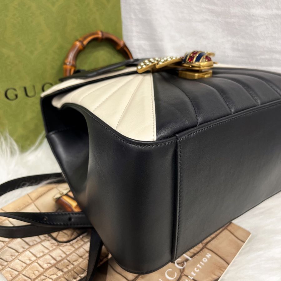 GUCCI 古馳 黑白全皮Queen Margaret 瑪格麗特皇后系列 珍珠蜜蜂彩鑽 後背包/手提包-2