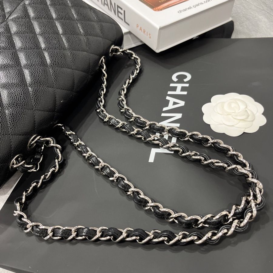 CHANEL 香奈兒 黑色菱格紋 荔枝皮 單蓋銀扣 COCO JUMBO 30公分 肩背包/斜背包-9
