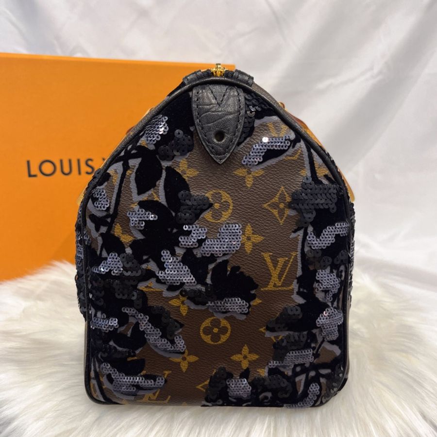 Louis Vuitton LV 限量款 老花字紋 絲絨亮片speedy 30公分波士頓包/手提包 M40436-7