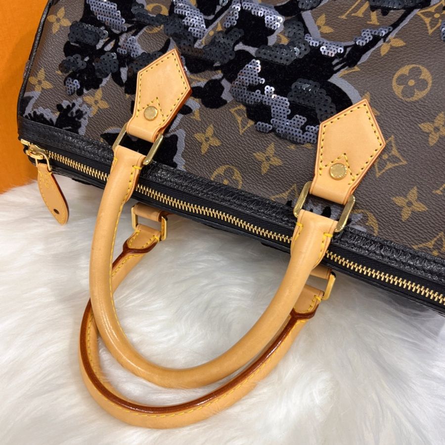 Louis Vuitton LV 限量款 老花字紋 絲絨亮片speedy 30公分波士頓包/手提包 M40436-9