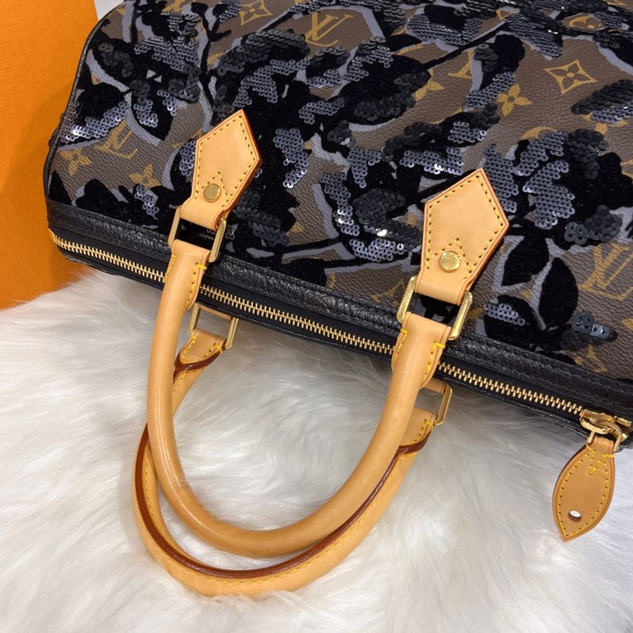 Louis Vuitton LV 限量款 老花字紋 絲絨亮片speedy 30公分波士頓包/手提包 M40436-10