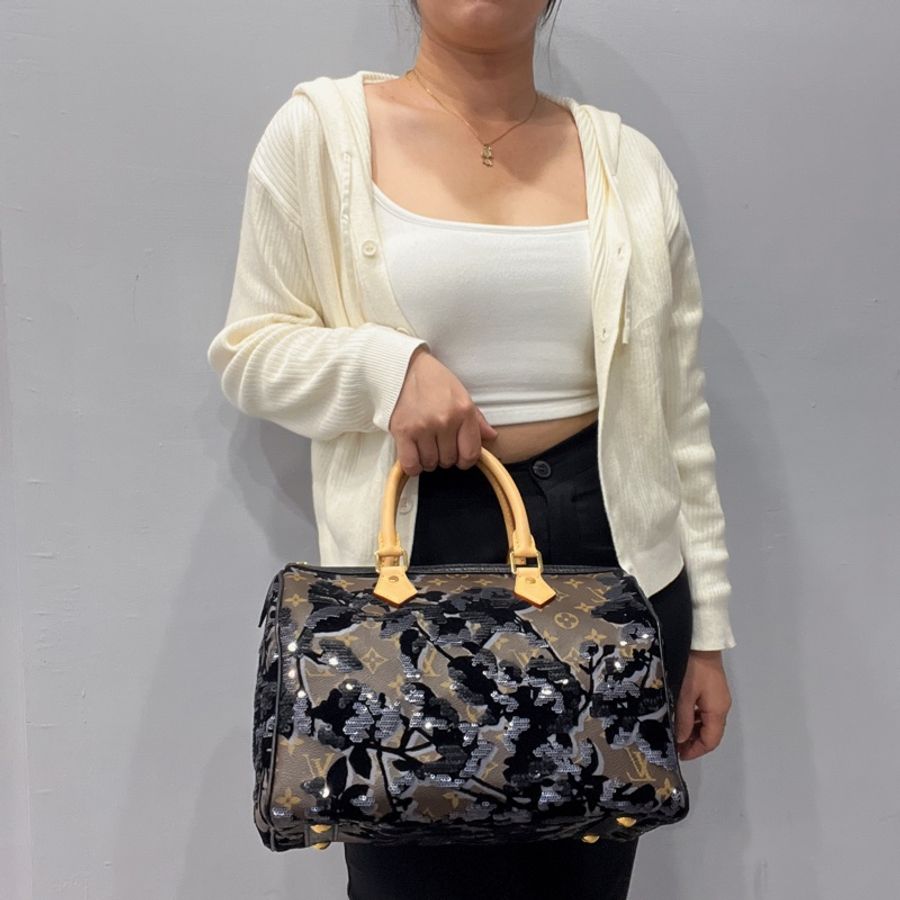 Louis Vuitton LV 限量款 老花字紋 絲絨亮片speedy 30公分波士頓包/手提包 M40436-13
