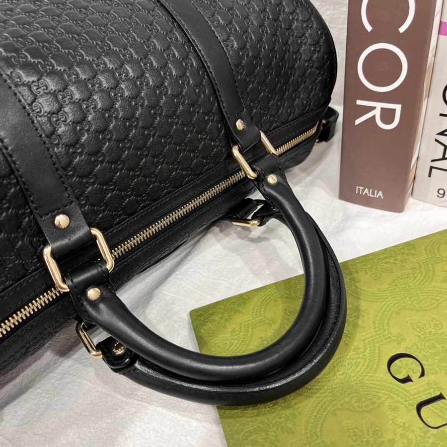 GUCCI 古馳 黑色全皮金釦 滿版小雙G 波士頓包/斜背包/手提包/旅行袋-10