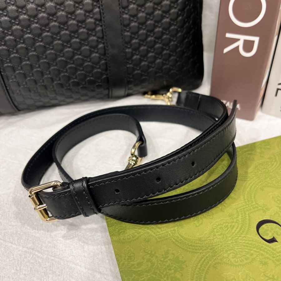 GUCCI 古馳 黑色全皮金釦 滿版小雙G 波士頓包/斜背包/手提包/旅行袋-13