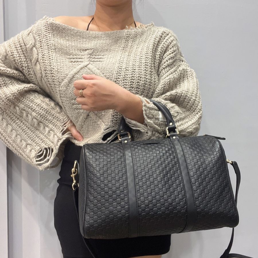 GUCCI 古馳 黑色全皮金釦 滿版小雙G 波士頓包/斜背包/手提包/旅行袋-15