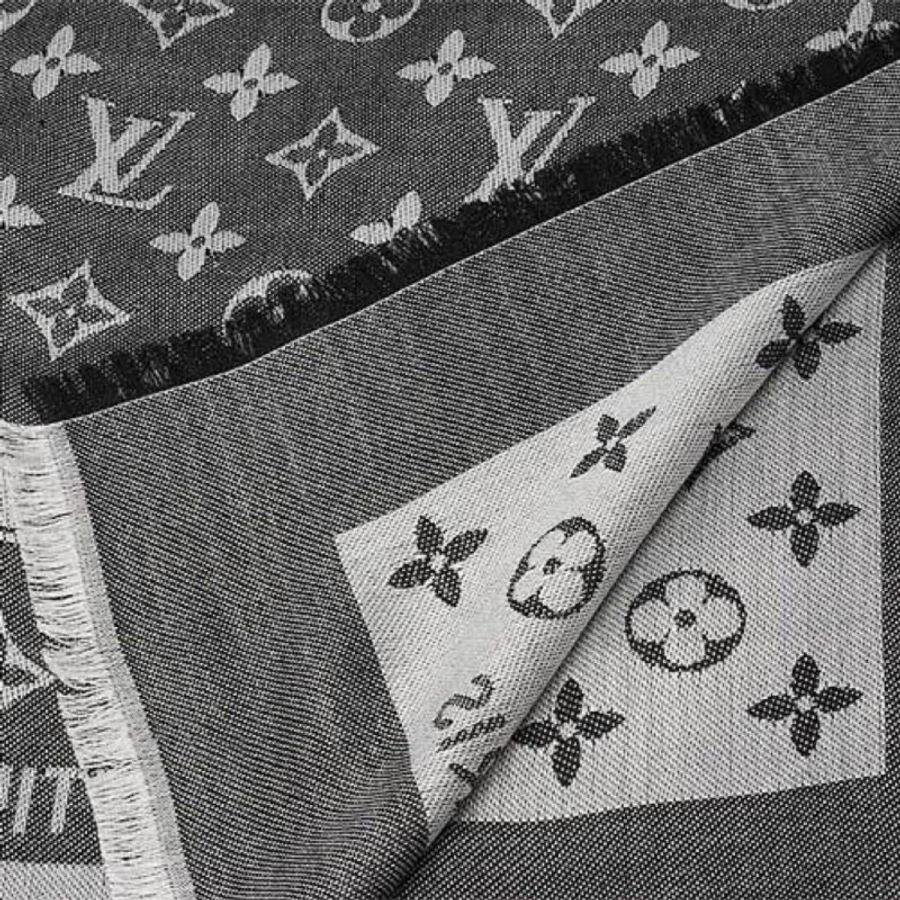 LV路易威登經典花紋羊毛絲綢披肩雙面 logo黑灰圖案提花披肩 大 披肩 圍巾 Louis Vuitton Monogram 圍巾 秋冬必備時尚百搭-1