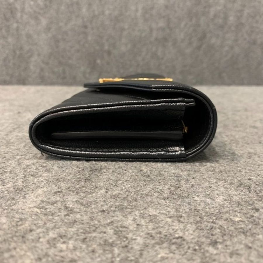 YVES SAINT LAURENT YSL 黑色山形紋 金釦 魚子醬皮 二折長夾/皮夾-3
