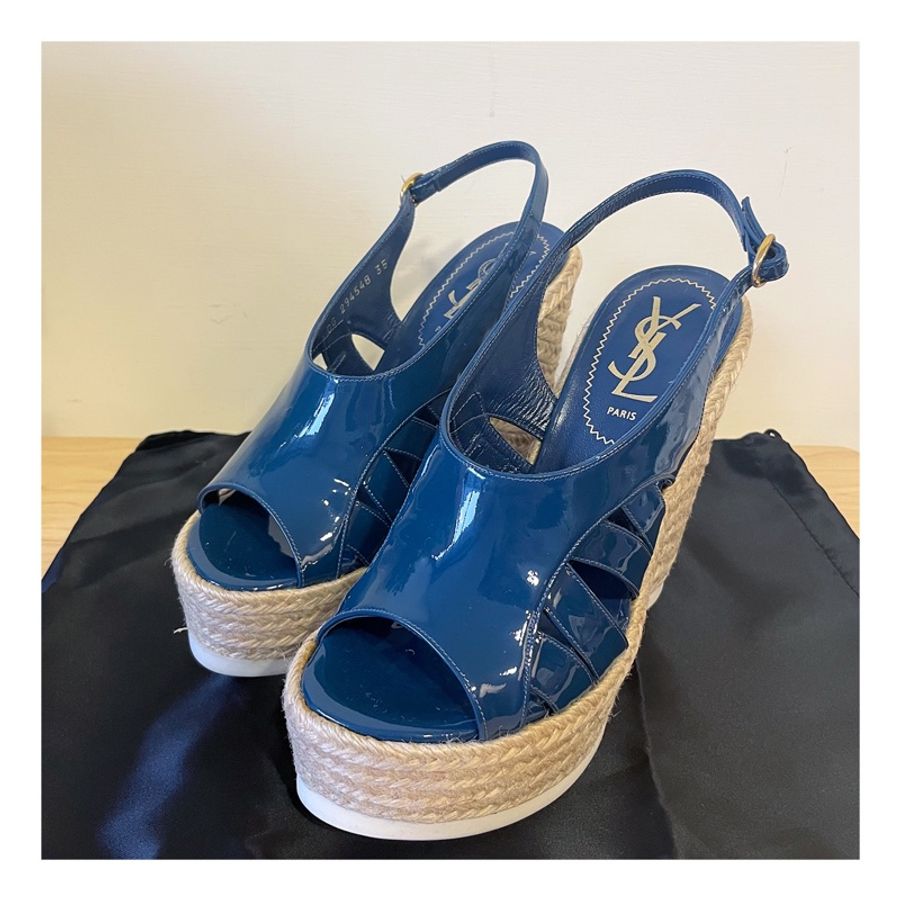 YSL 聖羅蘭 RIVIERA 90 藍色漆皮後綁帶楔型跟鞋 坡型鞋 楔型鞋 女鞋 中國藍 35號-0