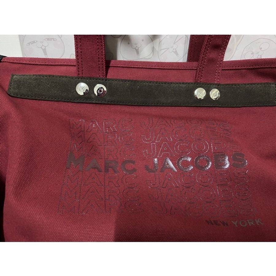 🍒Marc Jacobs MJ 鏤空字母 帆布 手提包 酒紅色 購物包 托特包 中型包 媽媽包-3