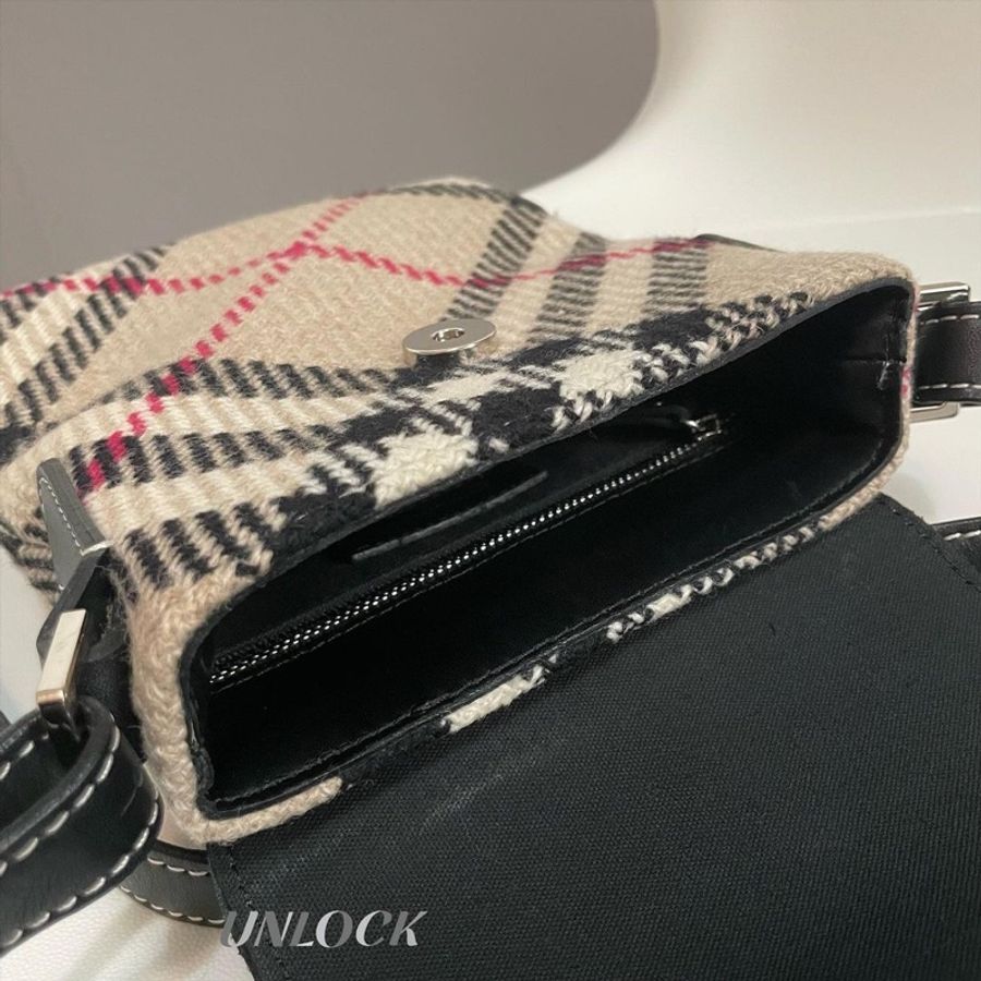 🔓BURBERRY羊毛拼皮斜紋單肩包-6