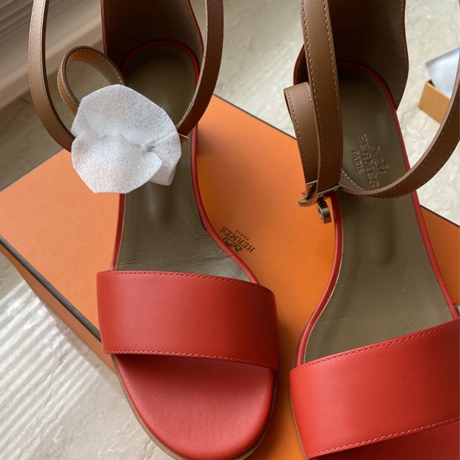 正品 全新Hermès 愛馬仕 KELLY橘紅奶茶咖啡色綁帶繫踝涼鞋 附/紙盒/緞帶/防塵袋 尺寸37.5-1