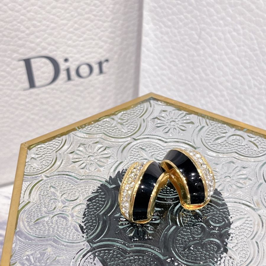 DIOR迪奧 VINTAGE 黑色琺瑯拼水鑽金色半圓耳夾/耳環/飾品-1
