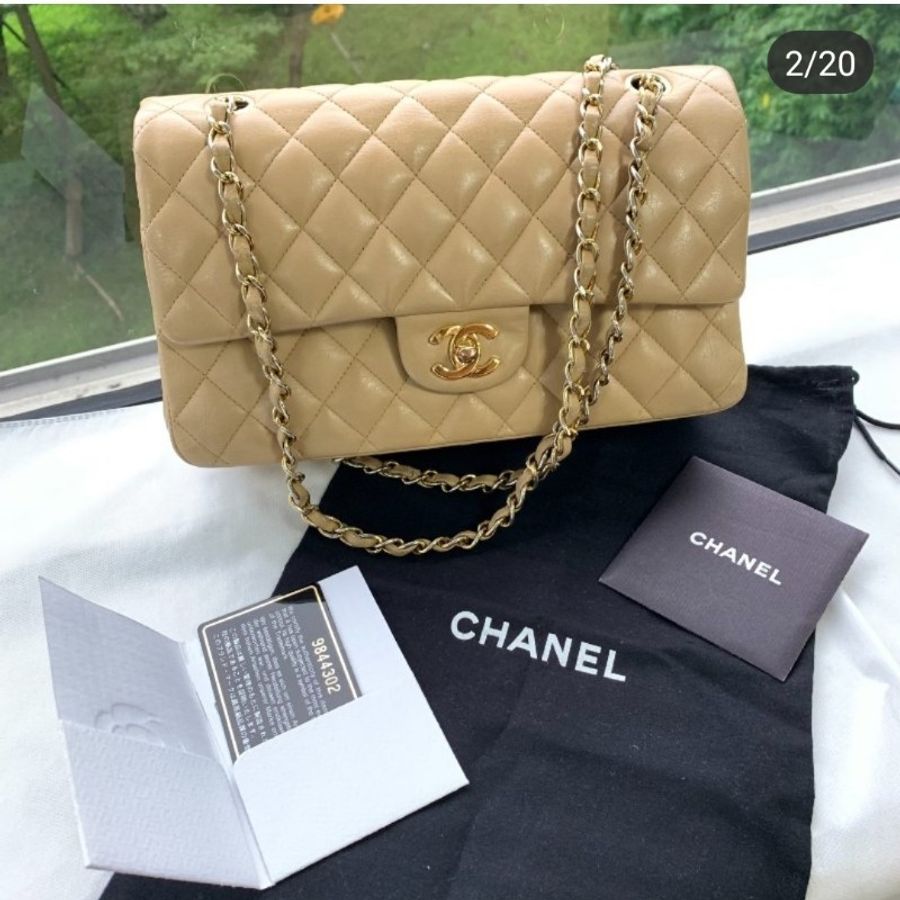 正品香奈兒CHANEL CF中號菱格紋雙翻蓋 奶茶色肩背包-1