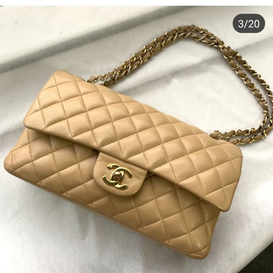 正品香奈兒CHANEL CF中號菱格紋雙翻蓋 奶茶色肩背包-2