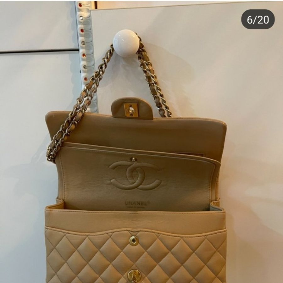正品香奈兒CHANEL CF中號菱格紋雙翻蓋 奶茶色肩背包-5