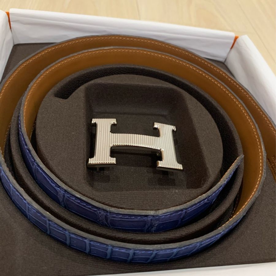 Hermès 愛馬仕倒V鱷魚皮皮帶兩條咖啡色與藍色-0