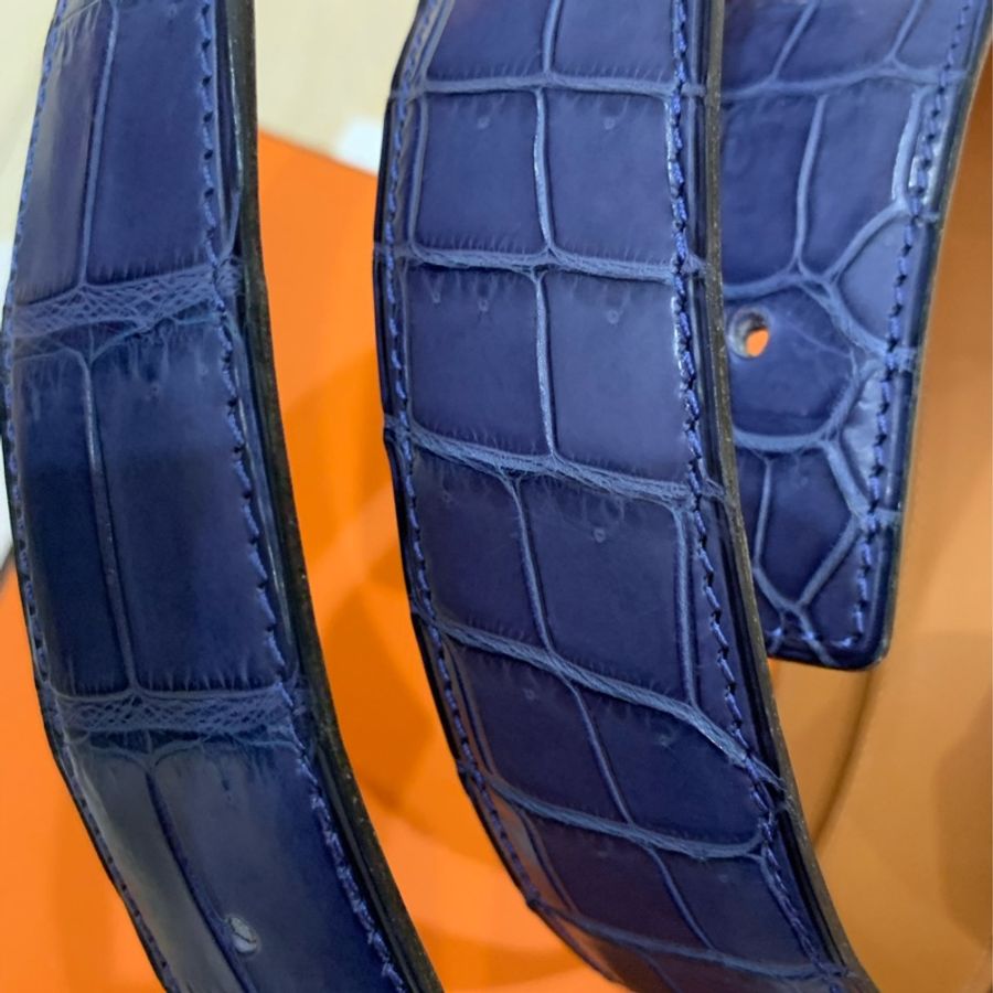 Hermès 愛馬仕倒V鱷魚皮皮帶兩條咖啡色與藍色-2