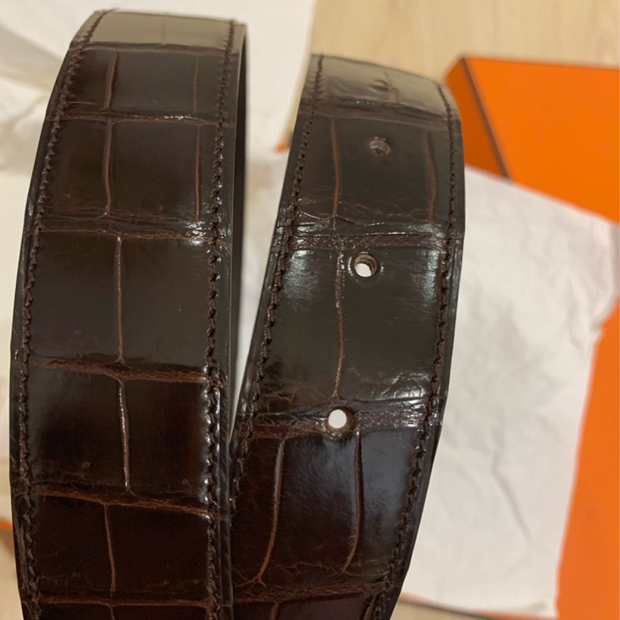 Hermès 愛馬仕倒V鱷魚皮皮帶兩條咖啡色與藍色-5