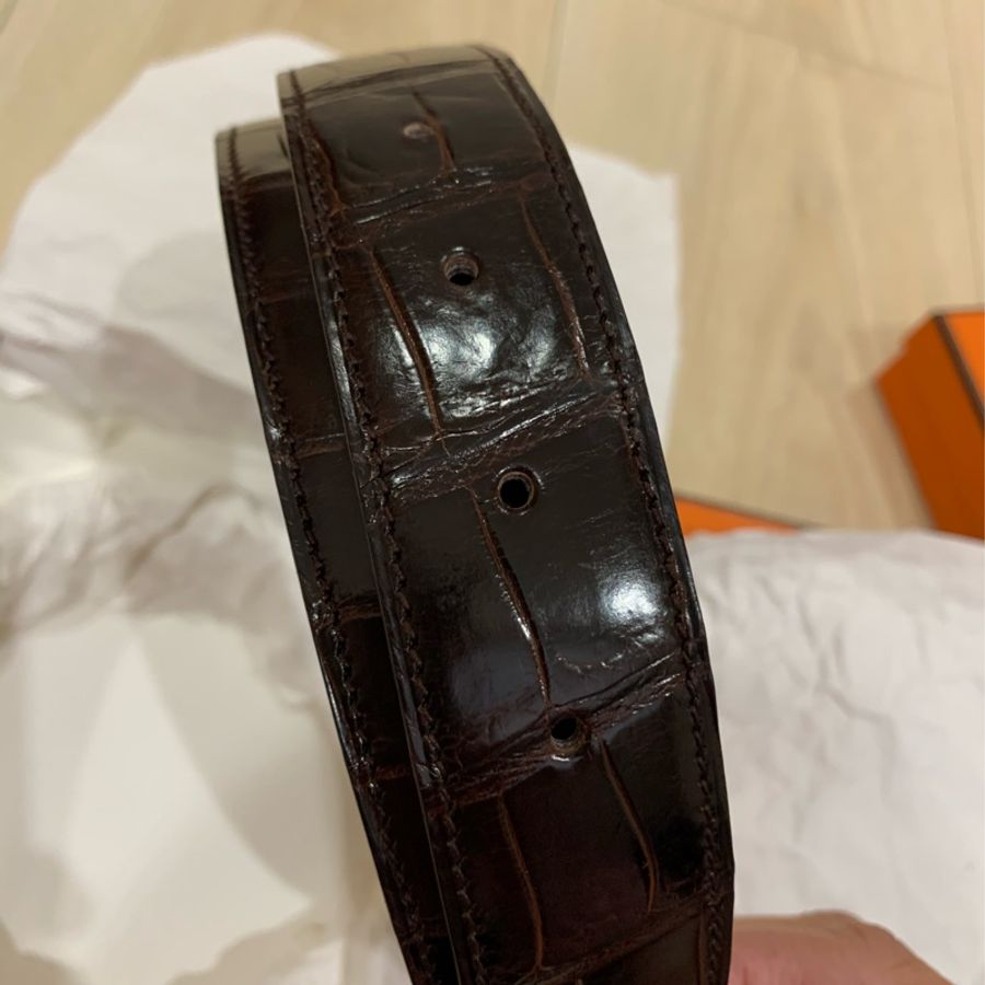 Hermès 愛馬仕倒V鱷魚皮皮帶兩條咖啡色與藍色-6