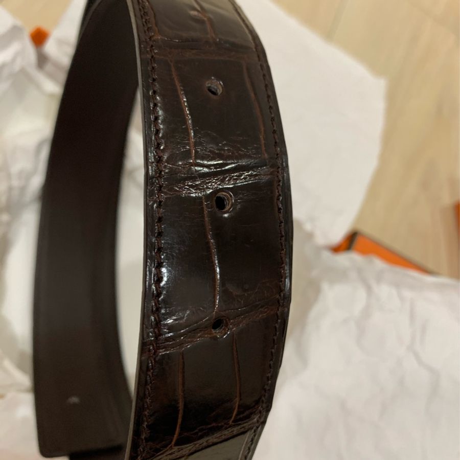 Hermès 愛馬仕倒V鱷魚皮皮帶兩條咖啡色與藍色-8
