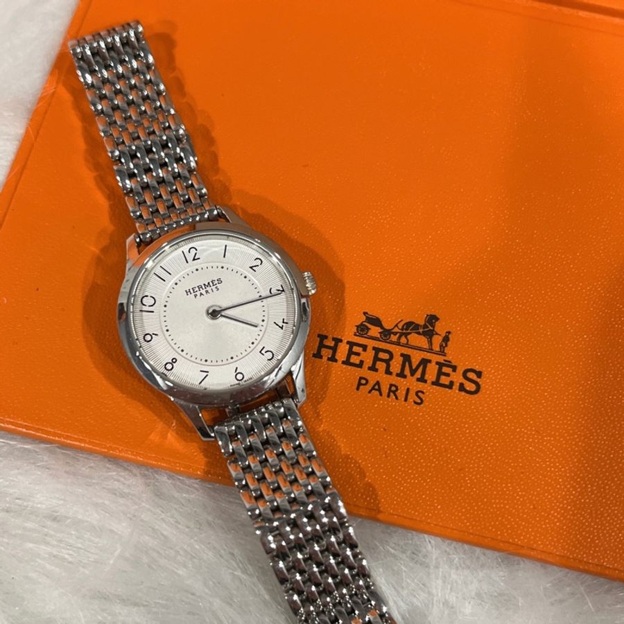 HERMES 愛馬仕 銀色白面圓形鏈帶錶/石英錶/手錶-1