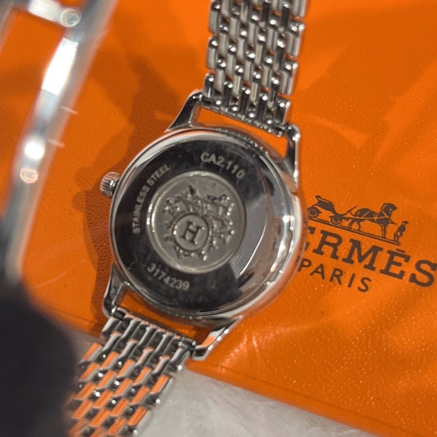 HERMES 愛馬仕 銀色白面圓形鏈帶錶/石英錶/手錶-3