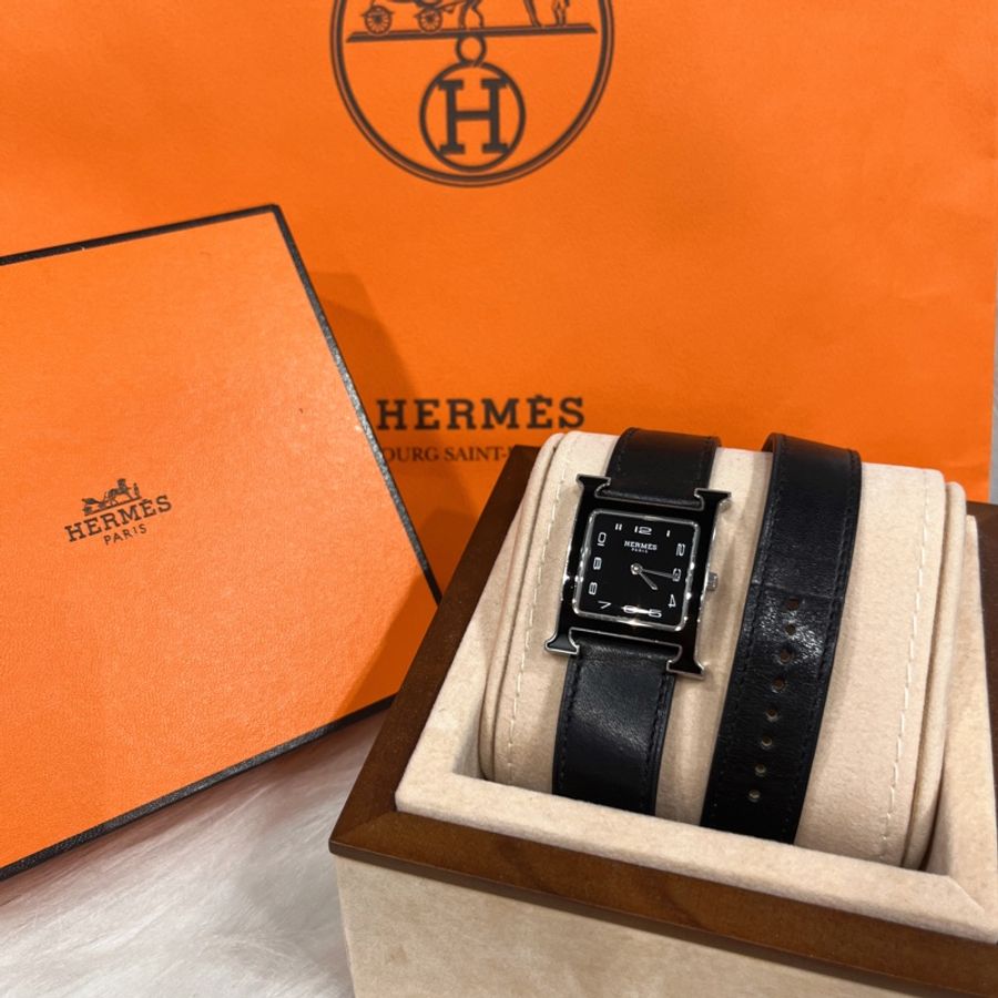 Hermes 愛馬仕 黑色鏡面 經典大H H-our 雙圈皮帶 手錶-0