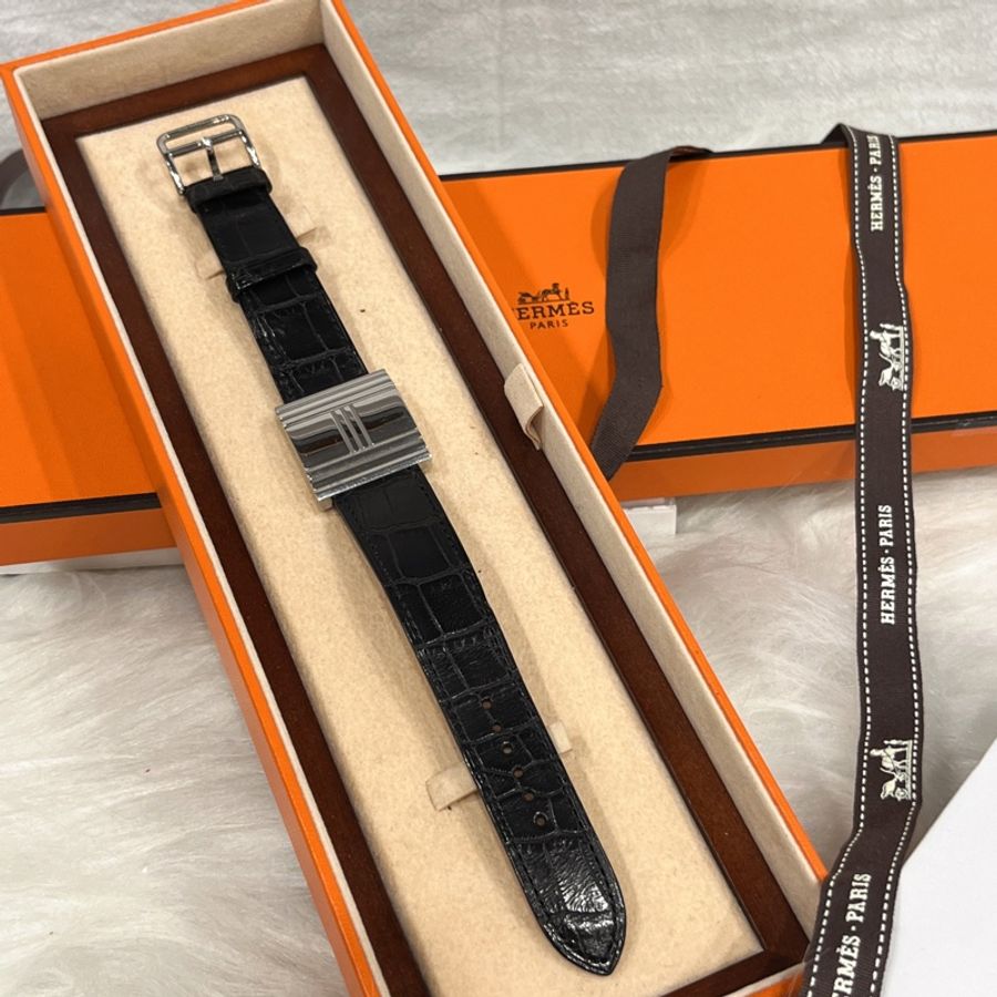 HERMES 愛馬仕 銀色 鎖頭造型 黑面 鱷魚皮帶錶/石英錶/手錶-1