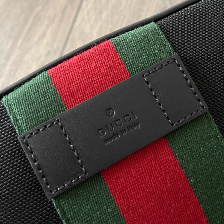 Gucci 黑色帆布紅綠織帶胸包/腰包-3