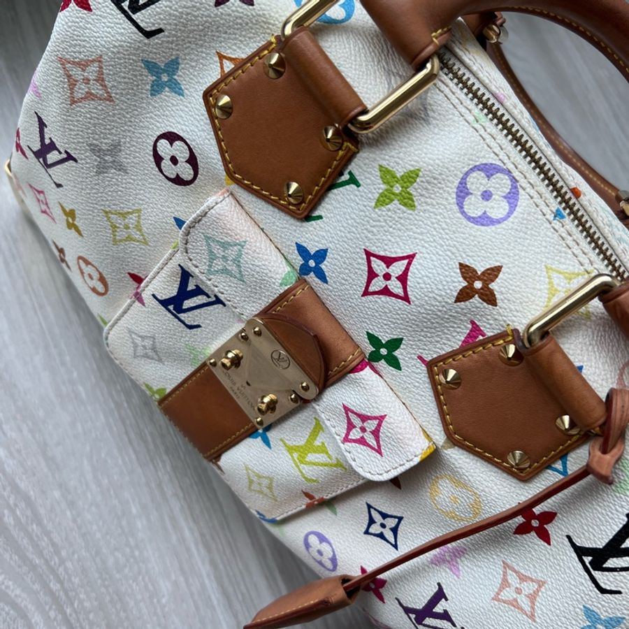 珍藏 LV 絕版 村上隆Multicolore SPEEDY 30手提波士頓包(白彩)-10